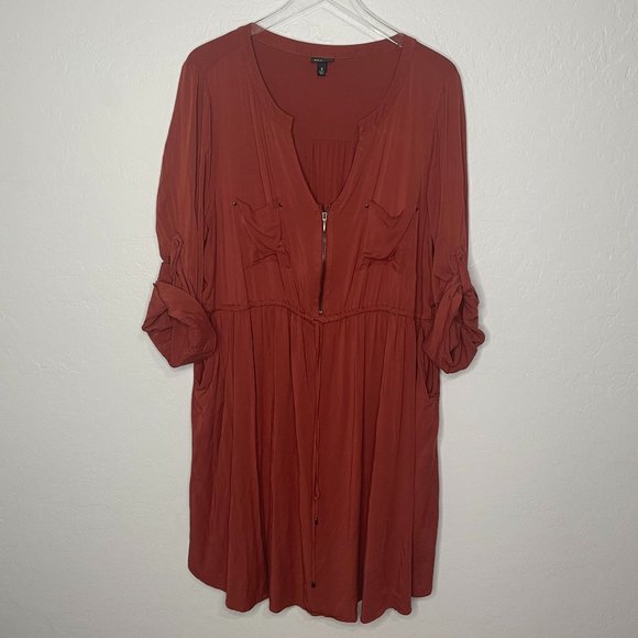 *SOLD* Torrid Challis Drawstring Shirt Dress Brick Red with Pockets 3 3X 22/24 - Picture 2 of 7